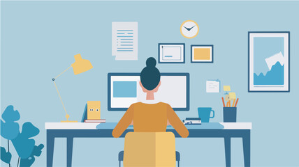 Woman working from home office workplace desk computer business woman freelancer online education studying learning work from home illustration remote work