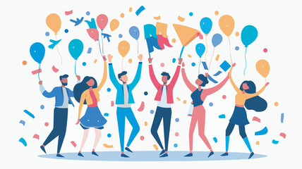 Diverse group of people celebrating with balloons and confetti party celebration teamwork success achievement festive joy fun