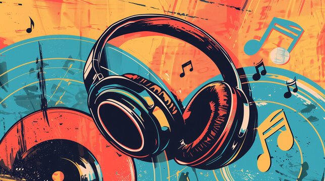 Vintage poster of headphones with old vinyl record and music notes, retro style, vintage background	

