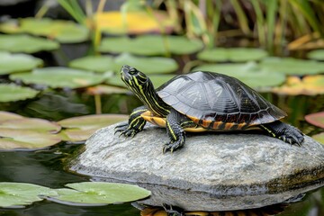 Fototapeta premium A Painted Turtle Sunning Itself on a Rock in a Pond