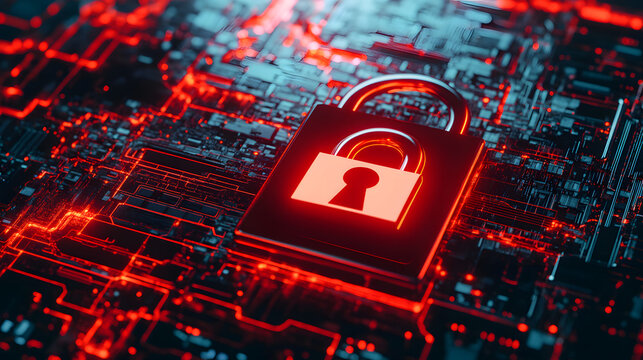 Futuristic digital lock on advanced device with glowing red light indicating access denied, symbolizing technology restrictions and security measures