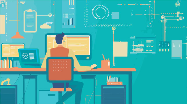 Programmer working late at night software developer coding and programming on computer in office with algorithm and flowchart on background background no background graphic design element