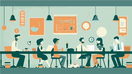 Diverse Office Teamwork Collaboration Coworking Space Business Meeting Technology StartupIllustration Graphic Design Contemporary Modern Workplace Creative Professionals Team Building Communication