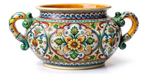 Vibrant, hand-painted Italian ceramic vase with intricate designs and ornate handles, set against a soft, white background, evoking traditional Mediterranean home decor.