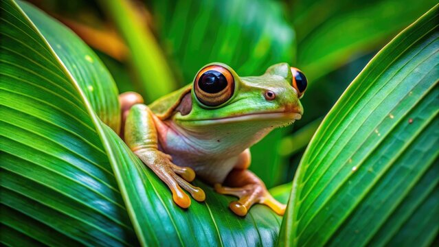 Vibrant green tropical forest habitat with tiny iridescent eyes peeking from behind leaf, showcasing the iconic coqui frog's natural camouflage in its native Puerto Rican environment.