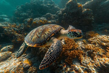 Obraz premium A Sea Turtle Swimming Through Coral Reefs