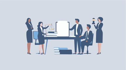 Diverse Business Team Law Firm Legal Consultation Justice Scales Courtroom Lawyer Attorney Advocate Courthouse Legal Advice Contract NegotiationIllustration Graphic Design Digital Art Modern