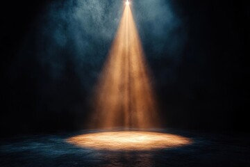 A single spotlight illuminates a dark stage with smoke and dust.