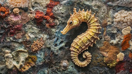 Fototapeta premium A seahorse resting on a piece of coral, with its body perfectly camouflaged against the intricate textures and colors of the reef.