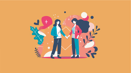 Two Women Holding Hands Friendship Support Concept Illustration Minimalist Colorful Design Female Empowerment Teamwork Collaboration Positive Relationships Social Connection Bonding Togetherness Flat