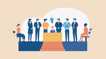 Diverse Business Team Awaiting Presentation from Young Professional with Idea LightbulbIllustration on Leadership Mentorship and Innovation