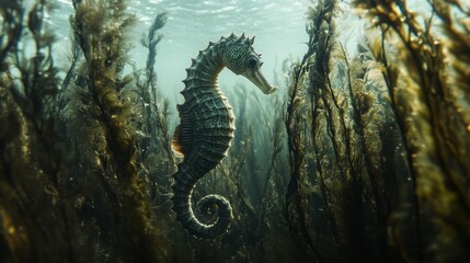 A seahorse swimming through a dense forest of seaweed, its body blending in perfectly with the long, flowing strands of underwater vegetation.