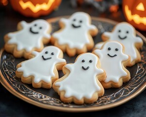 Ghost shaped cookies with white icing, arranged on a Halloween-themed plate, festive style, close-up, soft lighting, warm tones, high detail