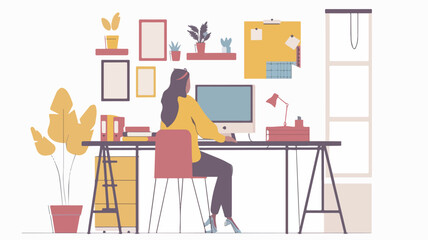 Woman working from home office freelance workplace interior online business female character using computer modern workspace design vertical isolated