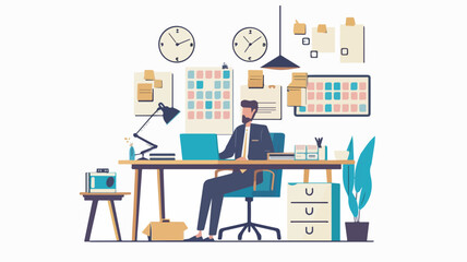 Businessman working at office desk office worker entrepreneur manager working with laptop computer project management business analysis workplace interior flat vector illustration isolated on white