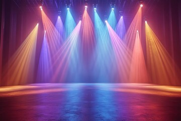 Colorful stage lights illuminate a dark empty stage.