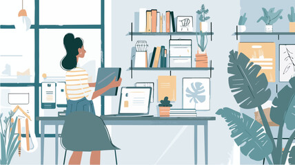 Woman working from home office workspace interior design freelance worker young female character at desk with laptop plant comfortable workplace modern apartment illustration background