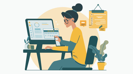 Woman working at her desk home office online business using computer and planner illustration remote work freelance work from home concept