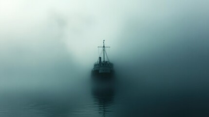 A ship navigating through foggy waters, with the outline of the vessel barely visible through the thick mist, creating an eerie, mysterious atmosphere.