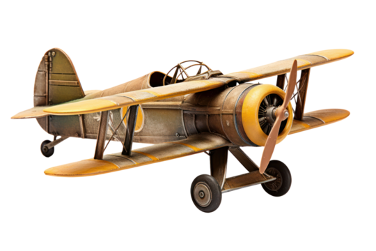 A vintage-style model plane with a weathered finish isolated on white background