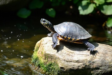 A turtle perched on a rock overlooking a pond