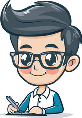 Cute Cartoon Boy Studying Writing Notes Adorable Child Education Illustration Nerd Student Learning Back To School Knowledge Wisdom Glasses Textbook Pen Notebook Isolated Drawing Smart Kid