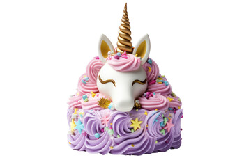 A whimsical birthday cake shaped like a unicorn isolated on white background