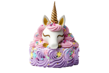 A whimsical birthday cake shaped like a unicorn isolated on white background
