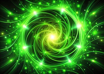 Vibrant neon green abstract lights swirl and pulse in a mesmerizing futuristic pattern, radiating an otherworldly energy against a dark, mysterious background.