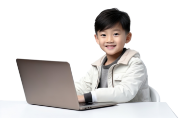 PNG Little asian boy student study online computer laptop smile.