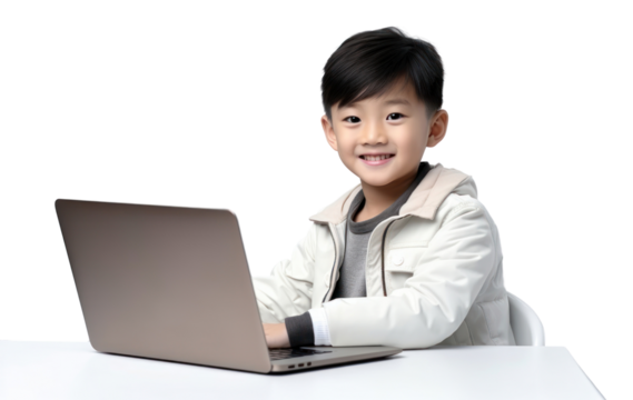 PNG Little asian boy student study online computer laptop smile. - Powered by Adobe