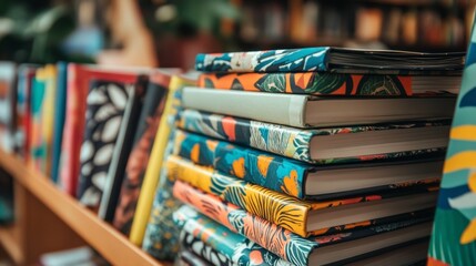 A stack of notebooks with different covers, neatly arranged on a shelf with a few lying open, showing vibrant pages and artistic sketches.