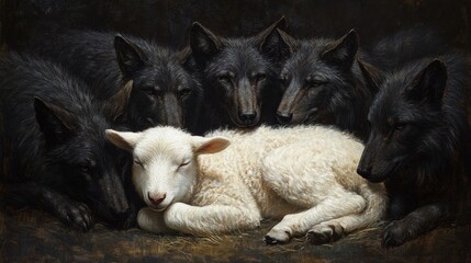 Fototapeta premium Vulnerable Lamb Amidst Menacing Wolves