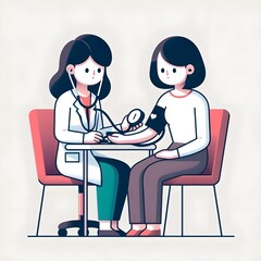 Flat Design Cartoon Female Doctor Checking a Female Patient's Blood Pressure
