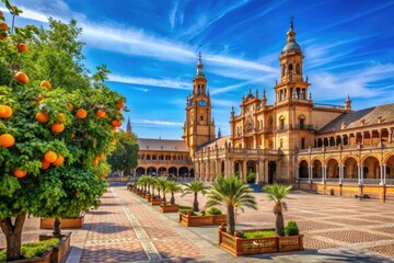 Obraz premium Vibrant orange trees and historic Moorish architecture adorn the picturesque Plaza de España in Seville, Spain, on a sunny day with clear blue skies.