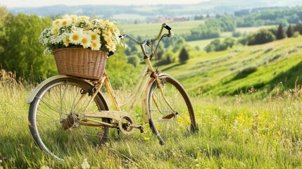 A vintage bicycle resting against a grassy hill, with a basket full of fresh flowers and a picturesque countryside in the background.