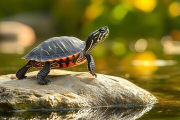 Obraz premium A Painted Turtle Perched on a Rock by a Pond