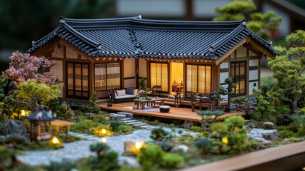 Obraz premium A scale model home with a Korean-style outdoor seating area and garden