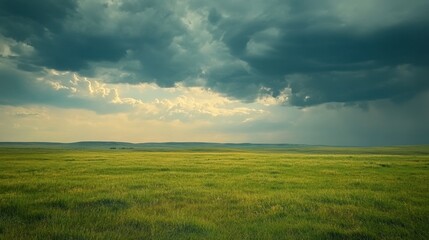 Obraz premium A wide shot of a vast prairie with endless stretches of grass under a dramatic stormy sky, showcasing the raw beauty of nature.