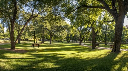 A wide-angle view of a park with sprawling grasslands, shaded by large trees and featuring walking paths and benches.