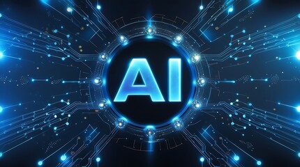 Describe a high-tech circuit board with a glowing, central AI chip surrounded by neon-blue circuitry.