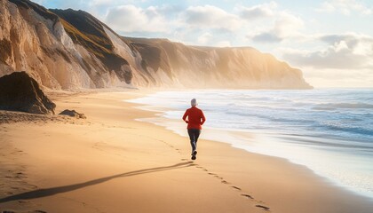 A joyful retiree jogging along a picturesque beach, embracing their newfound freedom and vitality in life, embodies the spirit of happy retirement.