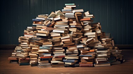 Big amount of books in big pile on dark background. Neural network ai generated art