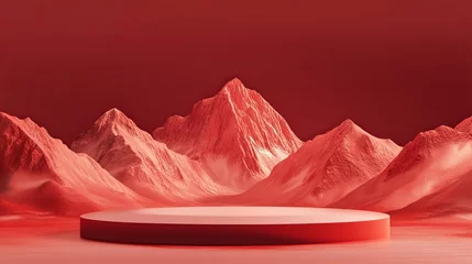 podium with red mountains under a deep red sky, creating a surreal and dramatic landscape
