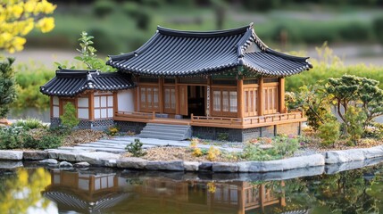 Fototapeta premium A scale model home with a Korean-style pavilion beside a miniature pond