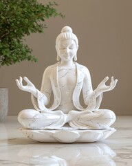 Elegant white Buddha statue in a serene pose, perfect for creating a calming atmosphere in any space.