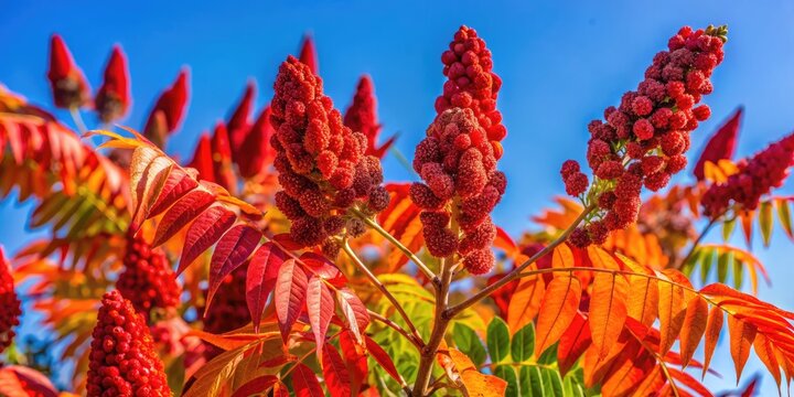 Vibrant red sumac branches stretch towards the sky, their delicate leaves and clusters of bright berries creating a stunning autumnal display against a clear blue background.