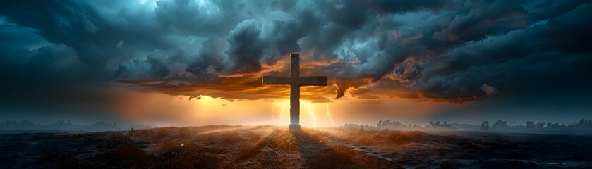 Dramatic Cross Illuminated by Lightning in Stormy Skies Capturing the Power of Faith