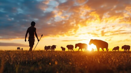 A depiction of early humans domesticating animals for the first time