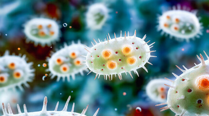 3D rendering of Coronavirus, Influenza, SARS, and Monkeypox virus cells under the microscope. Banner with a space for text. Focus on viral infection, public health, and epidemic science